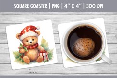 Watercolor Christmas Square Coaster Sublimation Teddy Bear Product Image 1