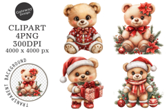 Watercolor Christmas Teddy Bear Clipart Product Image 1