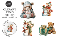 Watercolor Christmas Teddy Bear Clipart Product Image 1