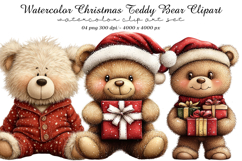 Watercolor Christmas Teddy Bear Clipart Product Image 1