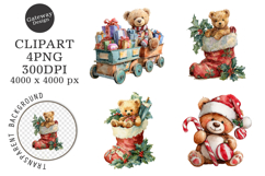 Watercolor Christmas Teddy Bear Clipart Product Image 1