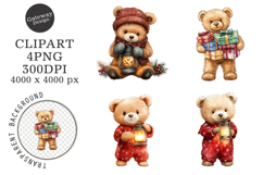 Watercolor Christmas Teddy Bear Clipart Product Image 1