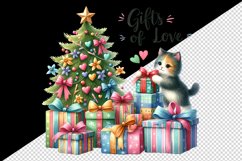 Watercolor Christmas tree cute cat colorful presents Gifts of love quote print tumbler skinny mug wrap clipart t-shirt sublimation printable design