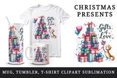 Watercolor Christmas tree presents cute cat Gifts of Love quote print 20 oz tumbler skinny mug wrap clipart t-shirt sublimation printable design