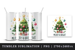 Watercolor Christmas tree star gifts beneath Merry and Bright quote print 20 oz tumbler skinny mug wrap clipart t-shirt sublimation printable design