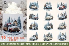 Watercolor Christmas Truck And Snowman Clipart, Mug PNG File Product Image 1