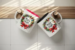 Watercolor Christmas wreath red bow baubles Merry Bright quote print 20 oz tumbler skinny mug wrap clipart t-shirt sublimation printable design