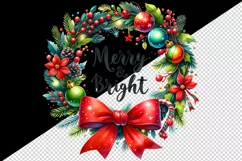 Watercolor Christmas wreath red bow baubles Merry Bright quote print 20 oz tumbler skinny mug wrap clipart t-shirt sublimation printable design