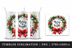 Watercolor Christmas wreath red bow baubles Merry Bright quote print 20 oz tumbler skinny mug wrap clipart t-shirt sublimation printable design