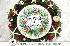 christmas wreath with a phrase shown on a sign