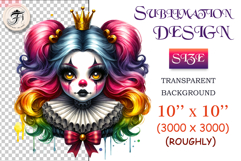 Digital clown princess art with ruffled collar, crown, and bright eyes. Elegant and eerie character for Halloween or circus-themed designs.