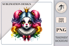 Digital clown princess art with ruffled collar, crown, and bright eyes. Elegant and eerie character for Halloween or circus-themed designs.