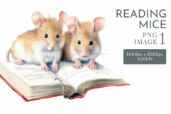 Cute Mice Reading 1 PNG | Watercolor Clipart Product Image 1