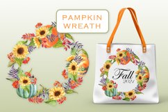 Watercolor fall sunflowers and pumpkins wreath clipart PNG Product Image 1