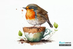 Watercolor Cute European Robin with a Cup PNG Clipart Product Image 1