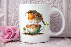 Watercolor Cute European Robin with a Cup PNG Clipart Product Image 2