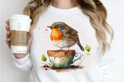 Watercolor Cute European Robin with a Cup PNG Clipart Product Image 3