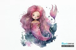 Watercolor Cute Pink Mermaid PNG Clipart Product Image 1