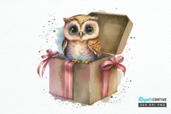 Watercolor Cute Owl Girl in Gift Box PNG Clipart Product Image 1