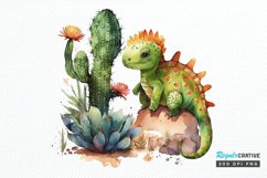 Watercolor Cute Dinosaur and Cactus PNG Clipart Product Image 1