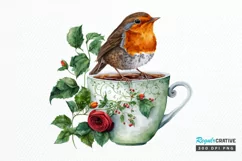 Watercolor Cute European Robin with a Cup PNG Clipart Product Image 1