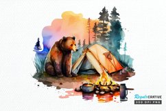 Watercolor Bear Camping at Sunset PNG Clipart Product Image 1