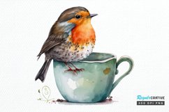 Watercolor Cute European Robin with a Cup PNG Clipart Product Image 1