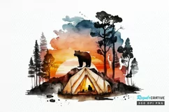 Watercolor Bear Camping at Sunset PNG Clipart Product Image 1
