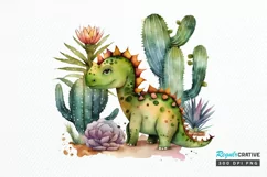 Watercolor Cute Dinosaur and Cactus PNG Clipart Product Image 1
