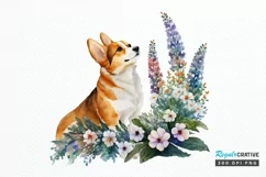 Watercolor Cute Corgi and Flowers PNG Clipart Product Image 1