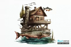 Watercolor Fishing Lodge PNG Clipart Product Image 1