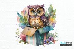 Watercolor Cute Owl Girl in Gift Box PNG Clipart Product Image 1