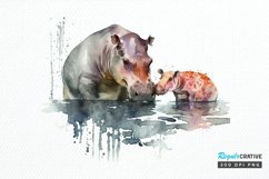 Watercolor Mom and Baby Hippopotamus PNG Clipart Product Image 1