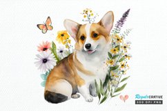 Watercolor Cute Corgi and Flowers PNG Clipart Product Image 1