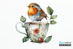 Watercolor Cute European Robin with a Cup PNG Clipart Product Image 1