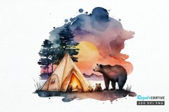 Watercolor Bear Camping at Sunset PNG Clipart Product Image 1