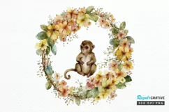 Watercolor Baby Monkey Flower Wreath PNG Clipart Product Image 1