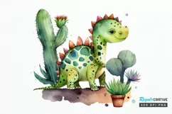 Watercolor Cute Dinosaur and Cactus PNG Clipart Product Image 1