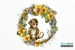 Watercolor Baby Monkey Flower Wreath PNG Clipart Product Image 1