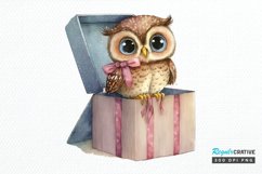 Watercolor Cute Owl Girl in Gift Box PNG Clipart Product Image 1