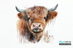 Watercolor Cute Highland Cow PNG Clipart Product Image 1