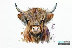Watercolor Cute Highland Cow PNG Clipart Product Image 1