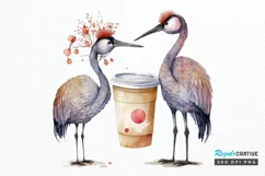 Watercolor Cute Cranes with a Cup PNG Clipart Product Image 1