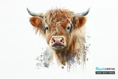 Watercolor Cute Highland Cow PNG Clipart Product Image 1