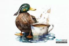 Watercolor Cute Mallard with a Cup PNG Clipart Product Image 1