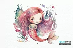 Watercolor Cute Pink Mermaid PNG Clipart Product Image 1