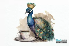 Watercolor Cute Indian Peafowl with a Cup PNG Clipart Product Image 1