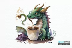 Watercolor Cute Dragon Drinking Coffee PNG Clipart Product Image 1