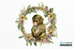 Watercolor Baby Monkey Flower Wreath PNG Clipart Product Image 1