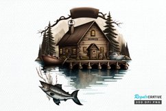 Watercolor Fishing Lodge PNG Clipart Product Image 1